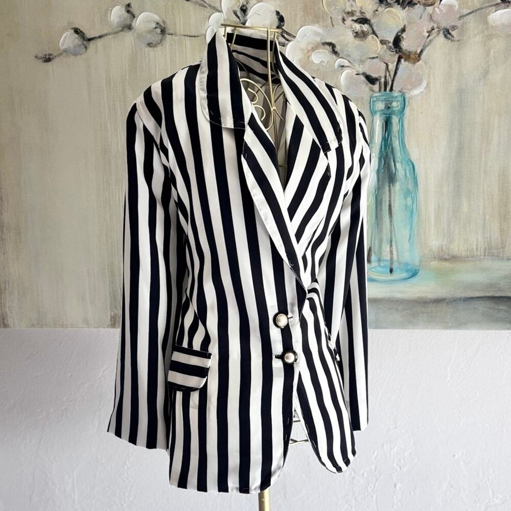 80s Black White Striped Blazer Custom Made Shoulder Pads Statement Jacket